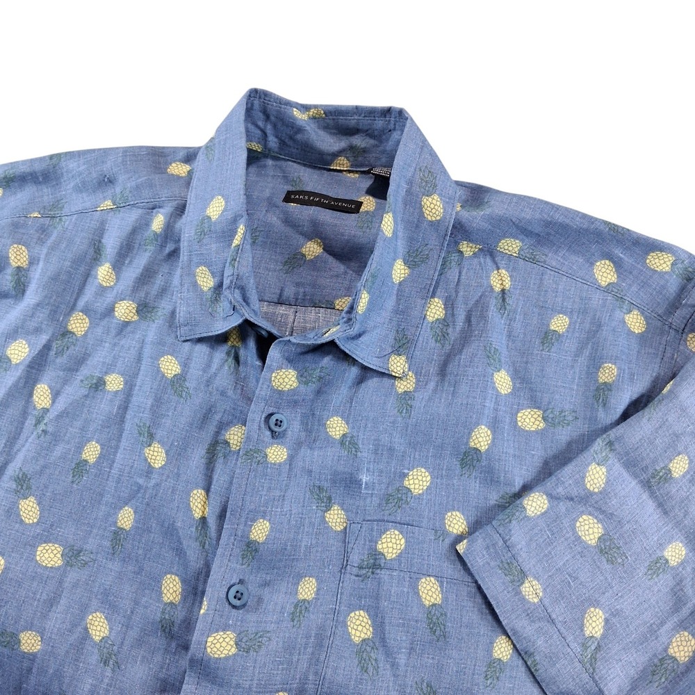 Saks Fifth Ave Button Down Large Blue Allover Pineapple Print 100% Linen Shirt
